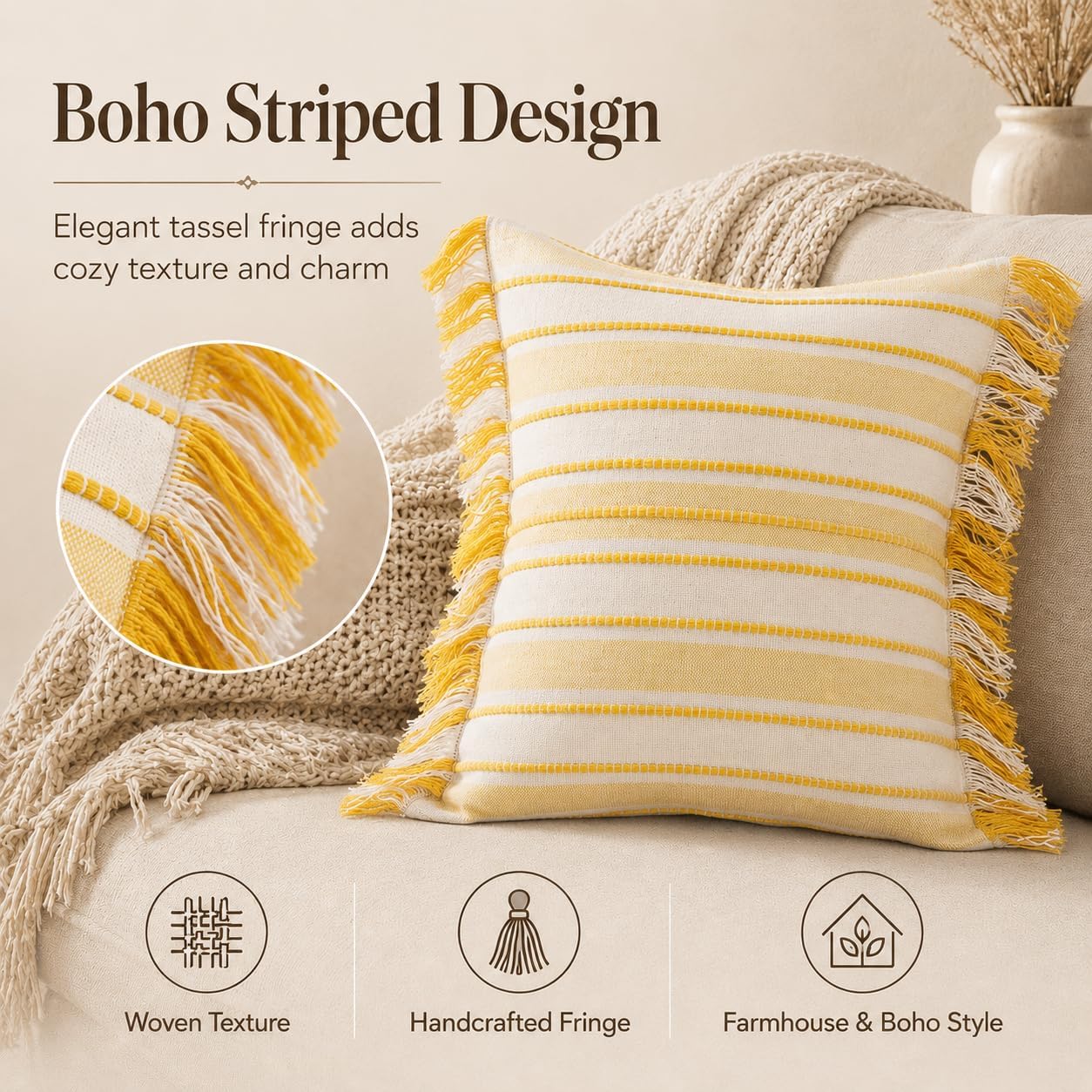 Spring Throw Pillow Covers 20x20 Set of 2, Striped Pillow Covers with Tassel Boho Cushion Cover Cotton Decorative Square Pillowcase for Sofa Couch Bed Living Room Neutral Decor, Yellow