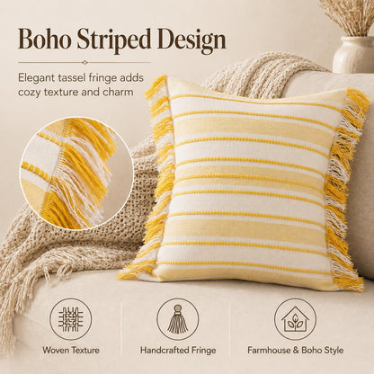 Spring Throw Pillow Covers 20x20 Set of 2, Striped Pillow Covers with Tassel Boho Cushion Cover Cotton Decorative Square Pillowcase for Sofa Couch Bed Living Room Neutral Decor, Yellow