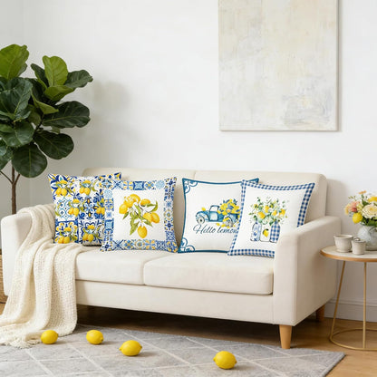 Italian Lemon Pillow Covers Set of 4, 18x18 Inch Blue Lemon Floral Throw Pillow Covers, Polyester Summer Fruit Cushion Case Decorations for Holiday Farmhouse Home Sofa Couch Gifts