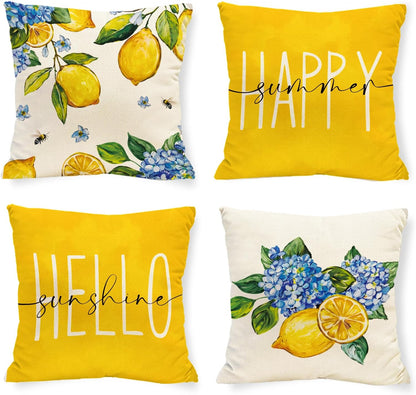 Spring Summer Lemon Pillow Covers Blue Hydrangea 18 x 18 Inch Throw Pillows, Hello Sunshine Decorative Farmhouse Cushion Case for Sofa Couch Set of 4