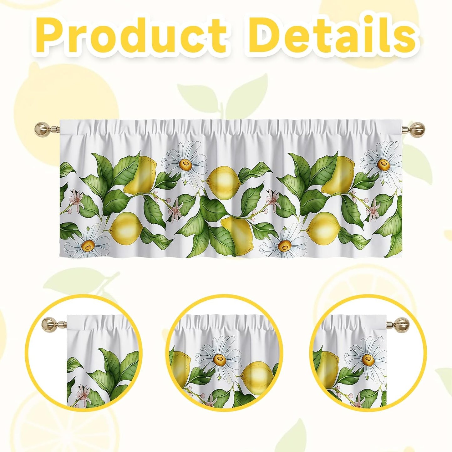 Lemon Valance, 54x18 Inch Lemon Kitchen Curtains for Window, Summer Cafe Kitchen Curtains with Rod Pocket, Lemons Curtains for Kitchen in Linen Fabric for Bedroom Home Decor, Yellow Lemon Design