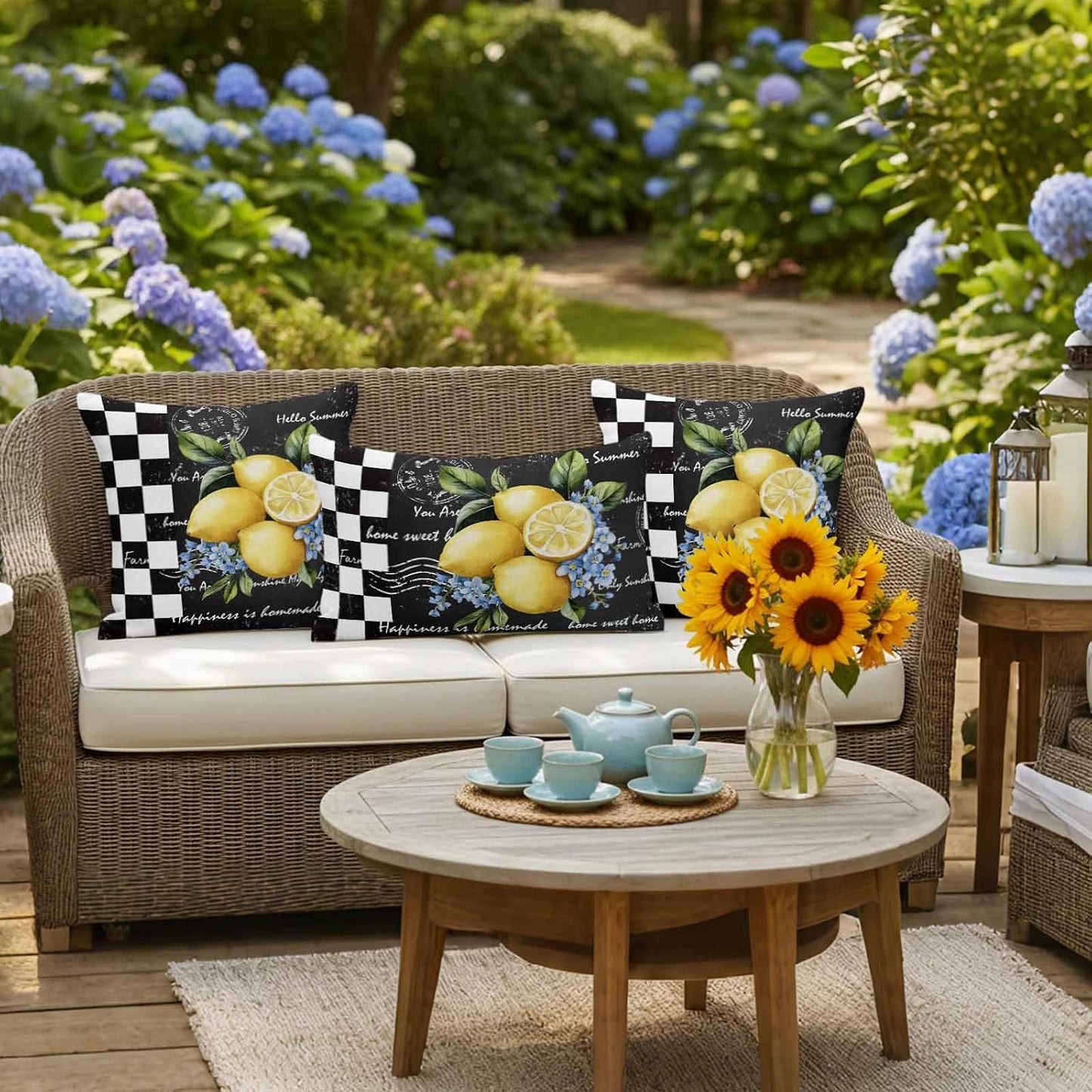 Outdoor Throw Pillow Covers Set of 2 Lemon Blue Flowers Waterproof Decorative Cushion Covers Black White Check Outdoor Pillowcases for Patio Couch Garden Balcony Sofa 16 x 16 Inches