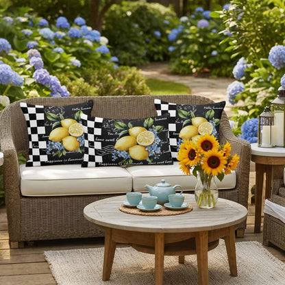 Outdoor Throw Pillow Covers Set of 2 Lemon Blue Flowers Waterproof Decorative Cushion Covers Black White Check Outdoor Pillowcases for Patio Couch Garden Balcony Sofa 16 x 16 Inches