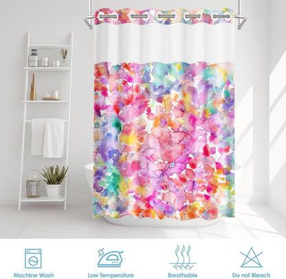 No Hook Pink Teal Blue Yellow Shower Curtain with Snap in Fabric Liner Set, Polka Dot Colorful Double Layers Waterproof Fabric with See Through Top Window Open Grommet Bath Curtain 71x74 Inch