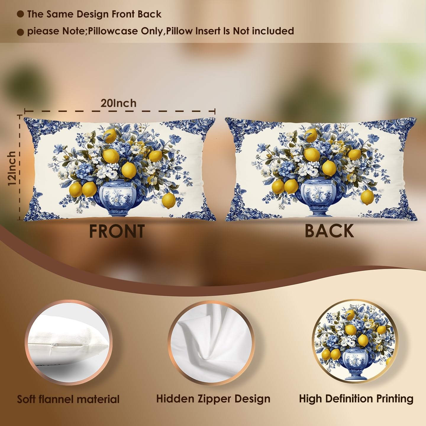 Mediterranean Lemon Lumbar Pillow Cover 12x20, Italian Home Decor, Yellow and Blue Amalfi Coast Floral Lemon Decorative Throw Pillow Cover Case for Couch Bed Home Room Bedroom