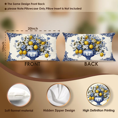 Mediterranean Lemon Lumbar Pillow Cover 12x20, Italian Home Decor, Yellow and Blue Amalfi Coast Floral Lemon Decorative Throw Pillow Cover Case for Couch Bed Home Room Bedroom