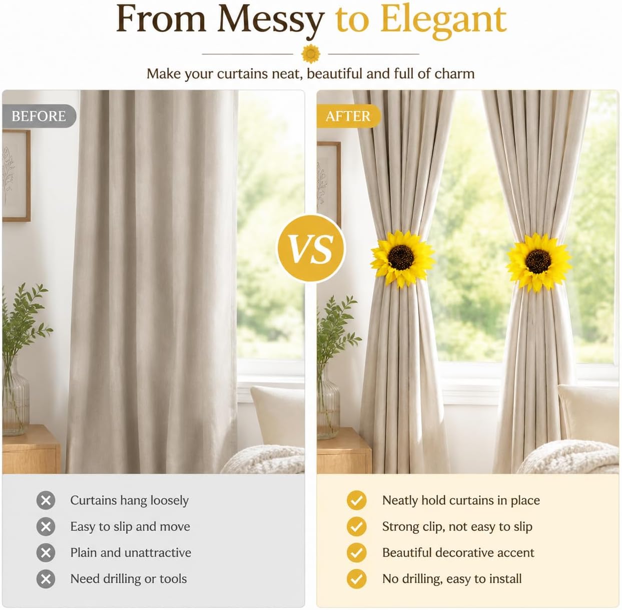 2Pcs Sunflower Curtain Tiebacks Yellow Floral Decor for Farmhouse Bedroom Window Treatments Decorative Drapery Tie Up Hooks No Drill Holders for Boho Curtains