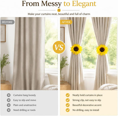 2Pcs Sunflower Curtain Tiebacks Yellow Floral Decor for Farmhouse Bedroom Window Treatments Decorative Drapery Tie Up Hooks No Drill Holders for Boho Curtains