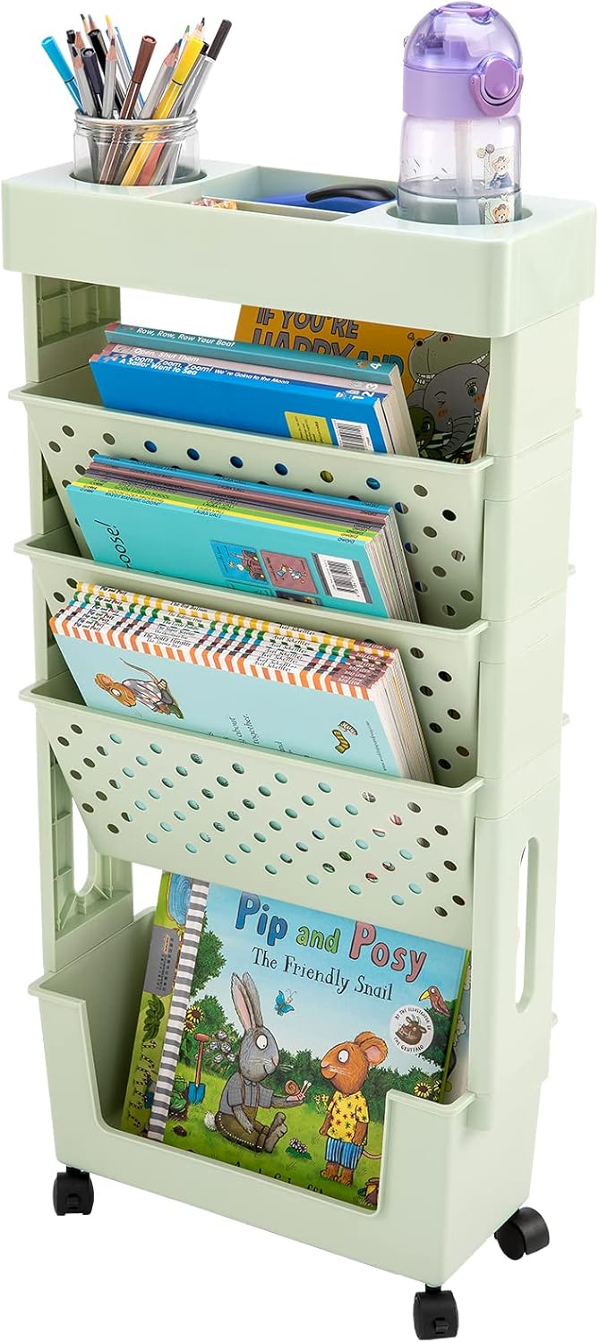 Yellow Rolling Office Paper Organizer, Mobile Book Cart Document Folder File Storage with Pen Holder, Slim Rolling Storage Cart Movable Bookshelf for Office, Dorm, Classroom, Nursery