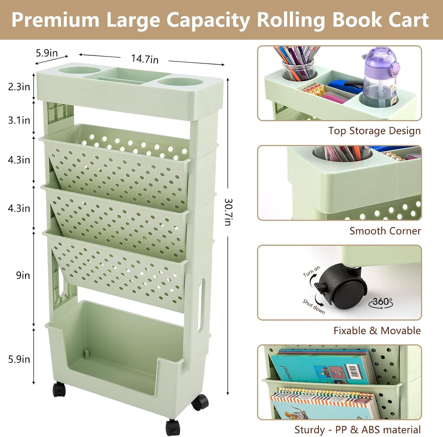 Yellow Rolling Office Paper Organizer, Mobile Book Cart Document Folder File Storage with Pen Holder, Slim Rolling Storage Cart Movable Bookshelf for Office, Dorm, Classroom, Nursery