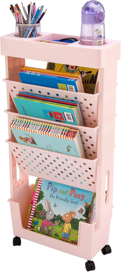 Yellow Rolling Office Paper Organizer, Mobile Book Cart Document Folder File Storage with Pen Holder, Slim Rolling Storage Cart Movable Bookshelf for Office, Dorm, Classroom, Nursery