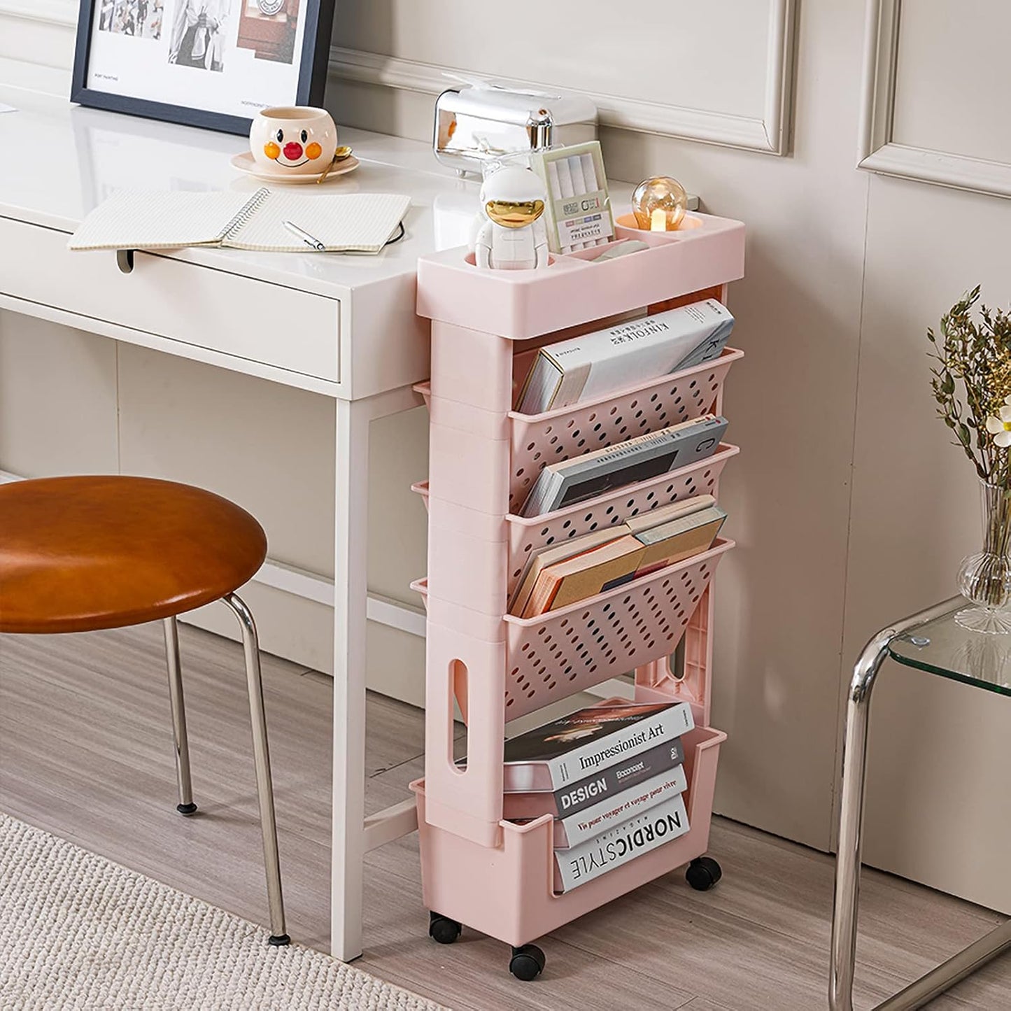 Yellow Rolling Office Paper Organizer, Mobile Book Cart Document Folder File Storage with Pen Holder, Slim Rolling Storage Cart Movable Bookshelf for Office, Dorm, Classroom, Nursery