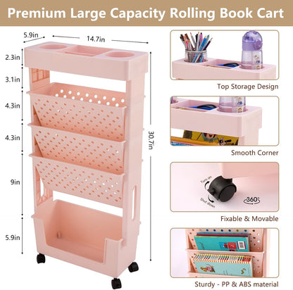 Yellow Rolling Office Paper Organizer, Mobile Book Cart Document Folder File Storage with Pen Holder, Slim Rolling Storage Cart Movable Bookshelf for Office, Dorm, Classroom, Nursery