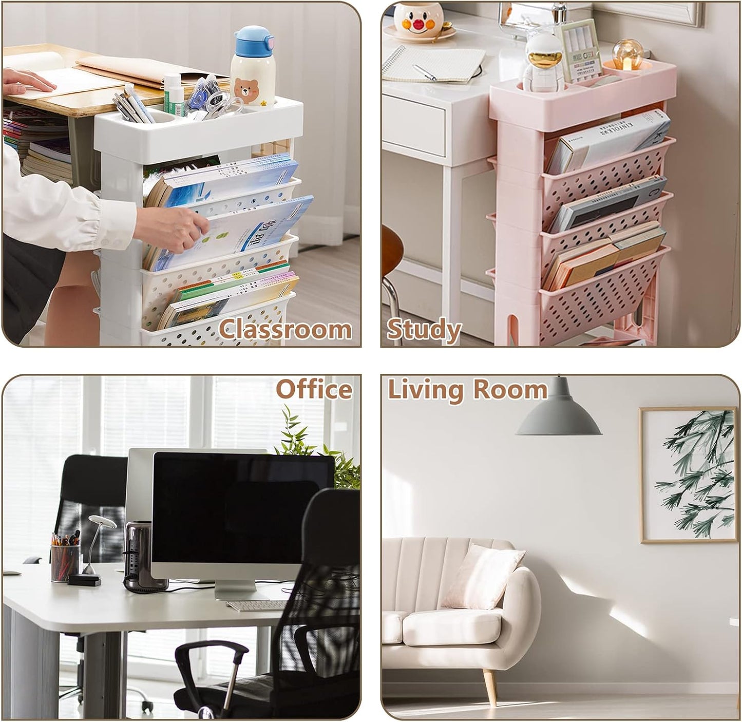 Yellow Rolling Office Paper Organizer, Mobile Book Cart Document Folder File Storage with Pen Holder, Slim Rolling Storage Cart Movable Bookshelf for Office, Dorm, Classroom, Nursery