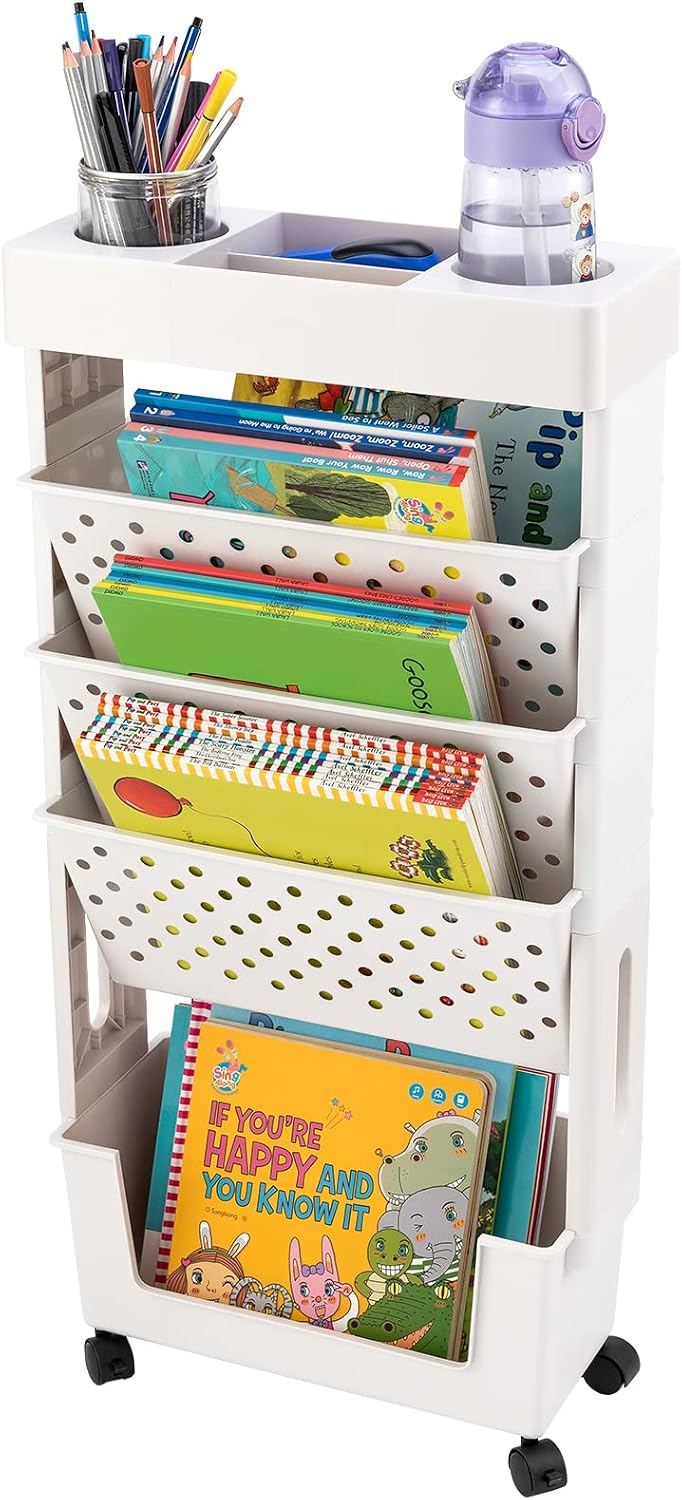 Yellow Rolling Office Paper Organizer, Mobile Book Cart Document Folder File Storage with Pen Holder, Slim Rolling Storage Cart Movable Bookshelf for Office, Dorm, Classroom, Nursery