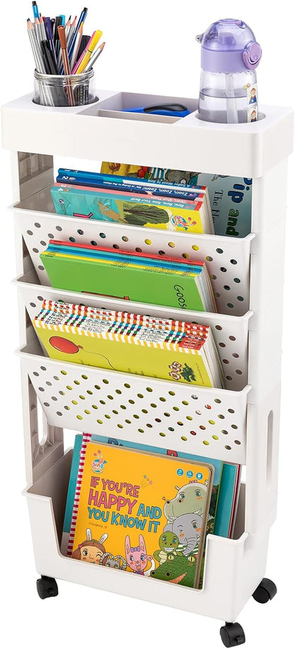 Yellow Rolling Office Paper Organizer, Mobile Book Cart Document Folder File Storage with Pen Holder, Slim Rolling Storage Cart Movable Bookshelf for Office, Dorm, Classroom, Nursery