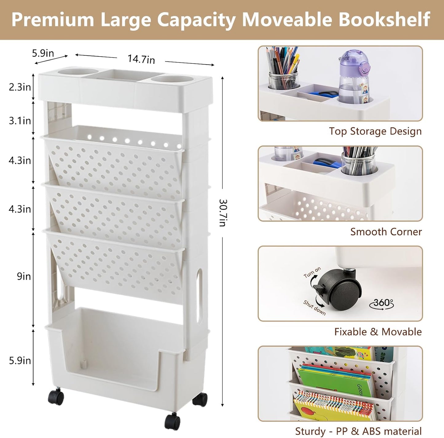 Yellow Rolling Office Paper Organizer, Mobile Book Cart Document Folder File Storage with Pen Holder, Slim Rolling Storage Cart Movable Bookshelf for Office, Dorm, Classroom, Nursery