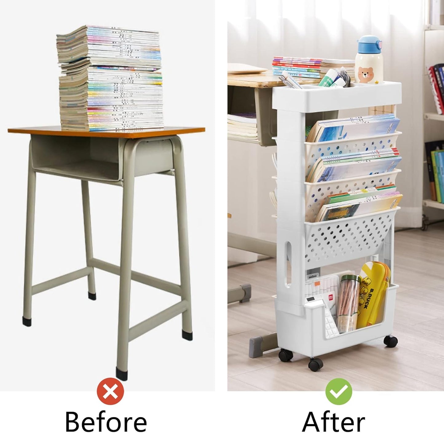 Yellow Rolling Office Paper Organizer, Mobile Book Cart Document Folder File Storage with Pen Holder, Slim Rolling Storage Cart Movable Bookshelf for Office, Dorm, Classroom, Nursery