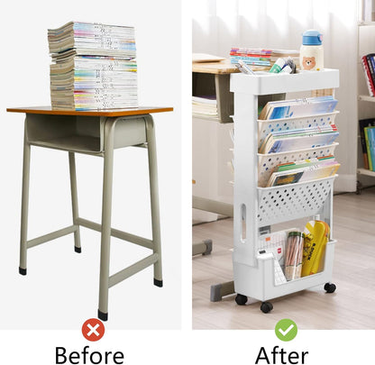 Yellow Rolling Office Paper Organizer, Mobile Book Cart Document Folder File Storage with Pen Holder, Slim Rolling Storage Cart Movable Bookshelf for Office, Dorm, Classroom, Nursery