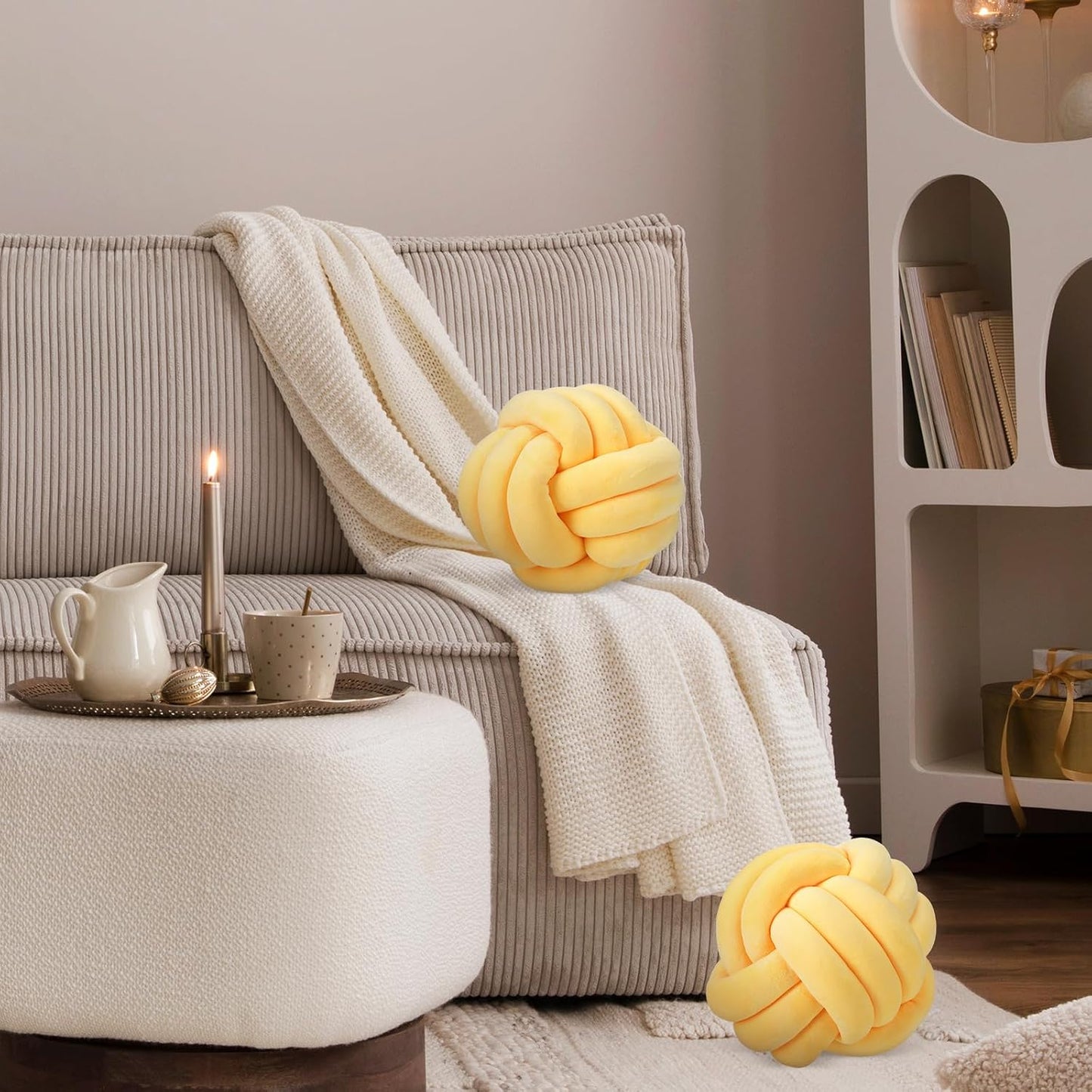 Namalu 2 Pcs Soft Knot Pillow Ball, Decorative Round Throw, Soft Knotted Plush Pillows, Handmade Stuffed Ball Pillows Cushion for Bedroom Sofa Couch Home Decor(7.87 Inches,Light Yellow)