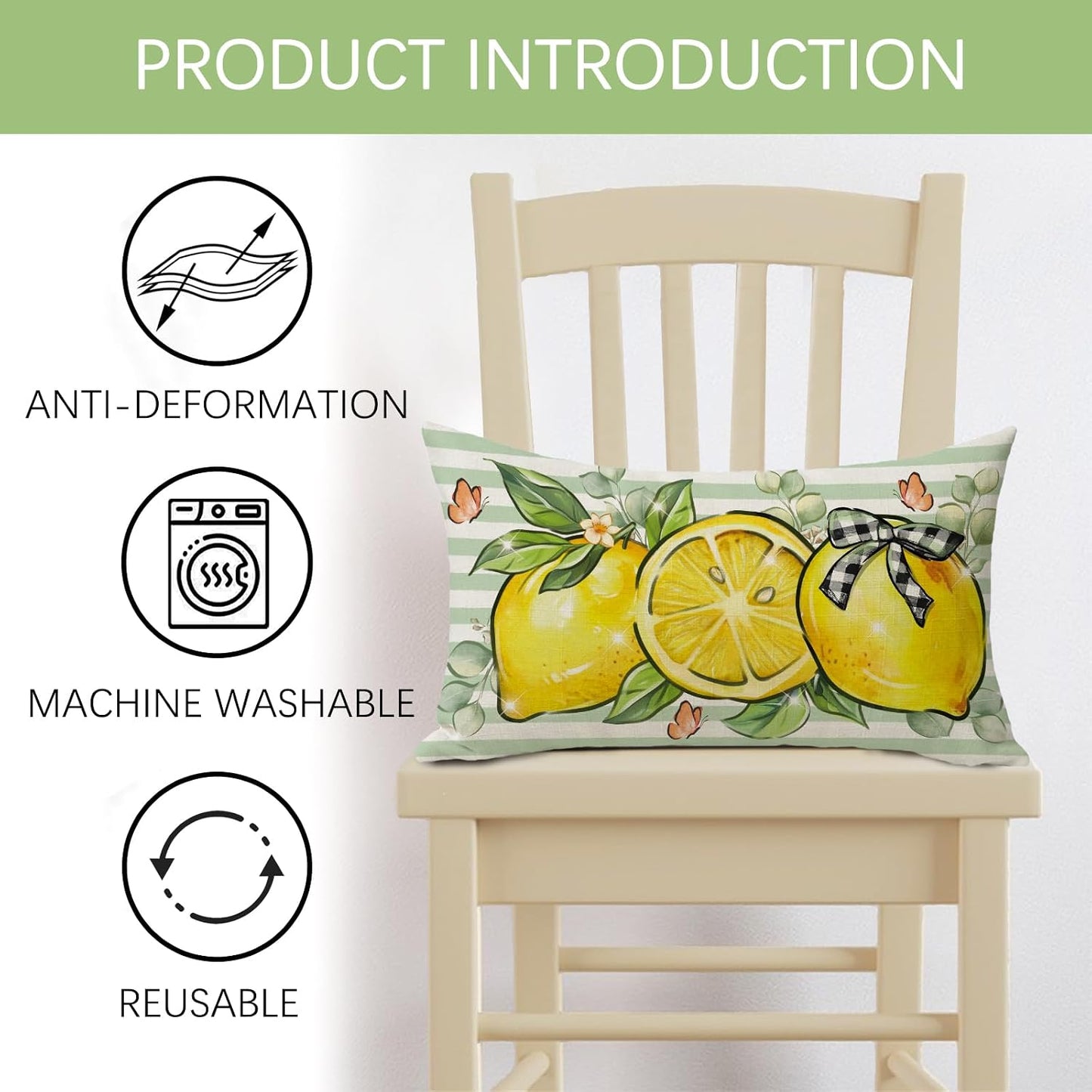 Spring Summer Lemon Lumbar Decorative Throw Pillow Cover 12 x 20, Rectangular Citrus Fruit Plaid Bow Outdoor Home Decor, Green Striped Butterfly Farmhouse Sofa Couch Cushion Case