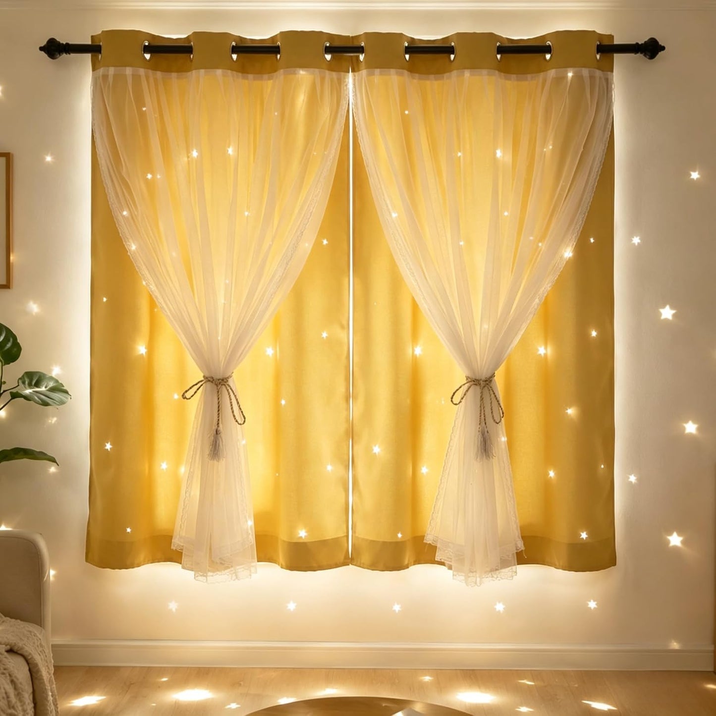84 Inch Long Star Cut-Out Blackout Curtains Decorative Mix and Match Curtain for Kids Bedroom Thermal Insulated Sun Blocking Drape for Nursery/Living Room 42" W x 84" L Yellow 2 Panels