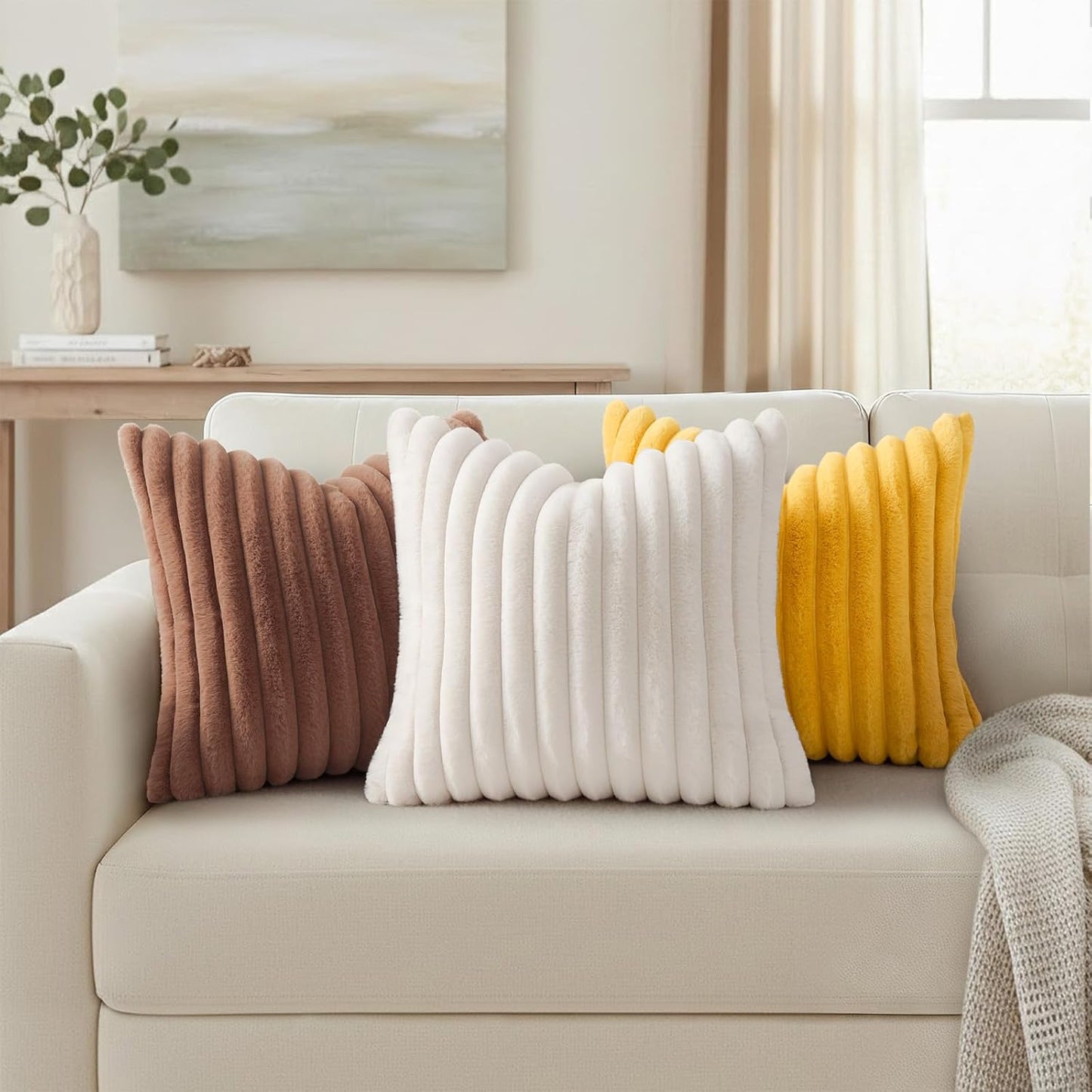 Simmore Faux Fur Euro Sham Couch Throw Pillow Covers 24x24 Set of 2, Decorative Soft Striped Plush Pillow Covers with Velvet Back for Sofa Bed Living Room, Mustard Yellow