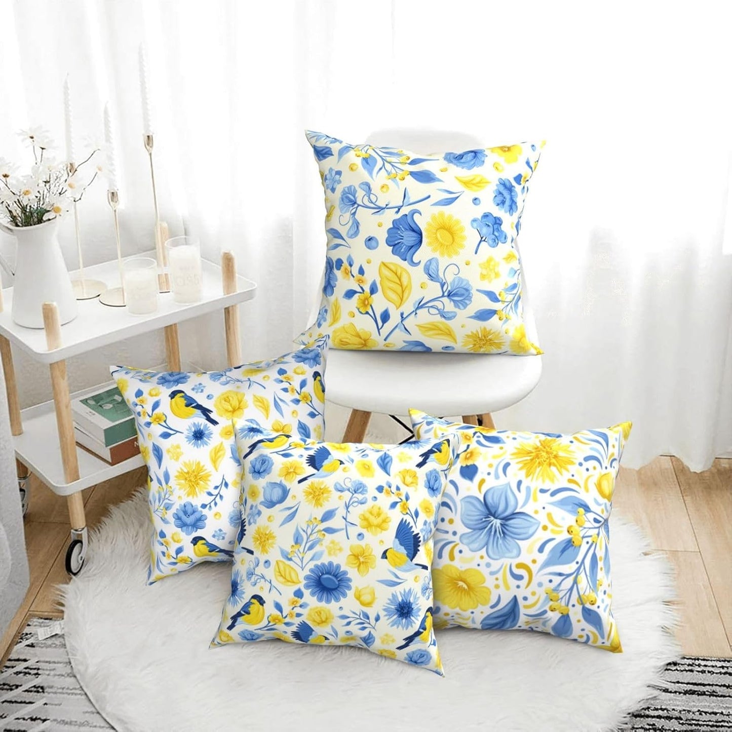 Blue and Yellow Floral Bird Pillow Covers 18x18 Inch Set of 4 Decorative Throw Pillows Abstract Pillowcases for Cushion Cover Sofa Bed Couch Living Room Home Decor