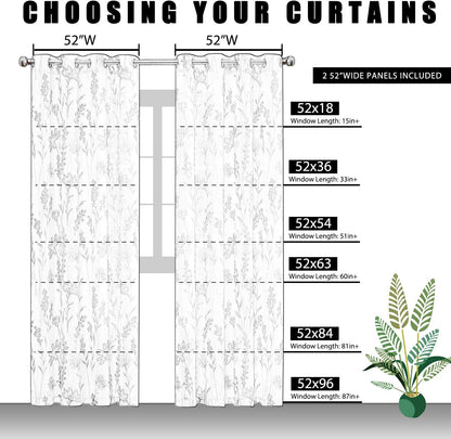 July Joy Printed Sheer Curtains Linen Textured for Living Room Floral Leaf Design Farmhouse Style Window Panel Drapes Set Grommet Treatment for Bedroom, Dining, 52 x 84 inch, Yellow