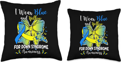 Coquette Bow Butterfly I Wear Blue and Yellow Down Syndrome Throw Pillow