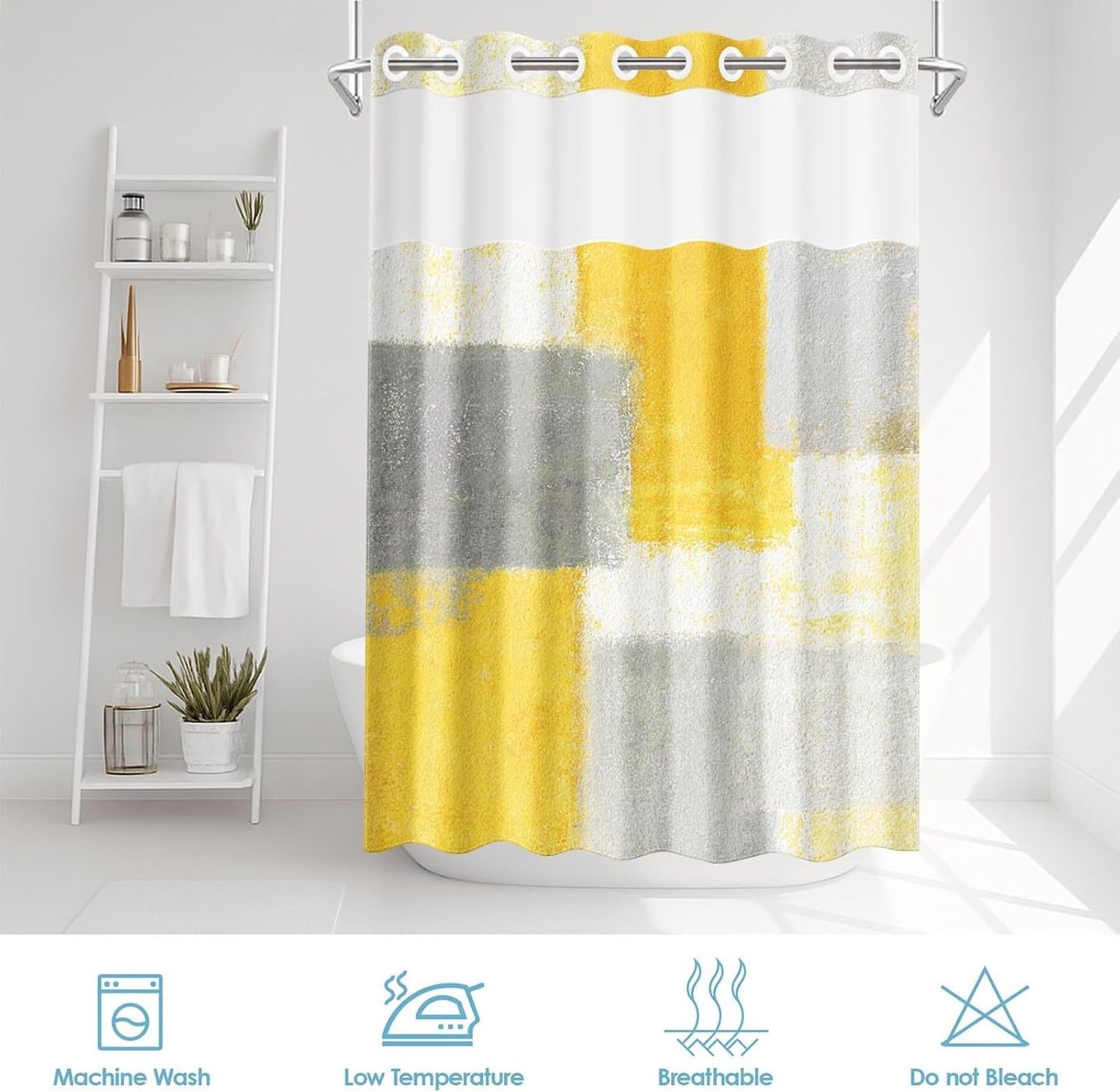 No Hook Abstract Yellow Grey Shower Curtain with Snap in Fabric Liner Set, Contemporary Modern Double Layers Waterproof Fabric with See Through Top Window Open Grommet Bath Curtain 71x74 Inch