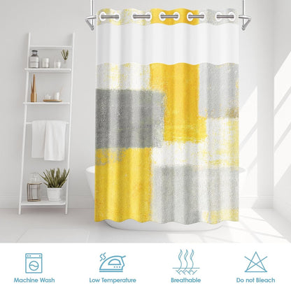 No Hook Abstract Yellow Grey Shower Curtain with Snap in Fabric Liner Set, Contemporary Modern Double Layers Waterproof Fabric with See Through Top Window Open Grommet Bath Curtain 71x74 Inch
