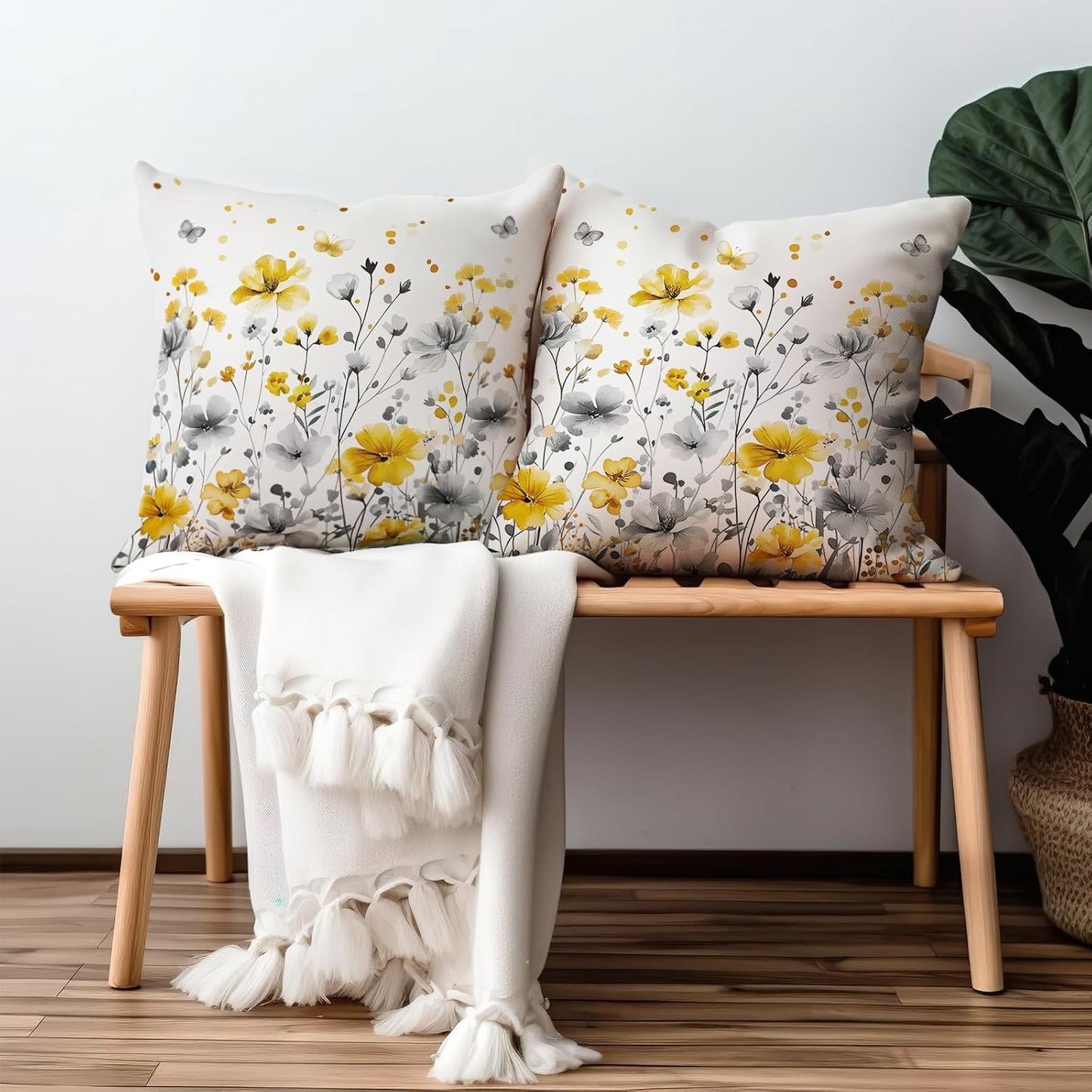 Spring Summer Flowers Pillow Throw Covers 18x18 Inch Yellow Gray Floral Pillow Covers Seasonal Decorative Pillowcases Cushion Case for Home Sofa Couch Bed Set of 2