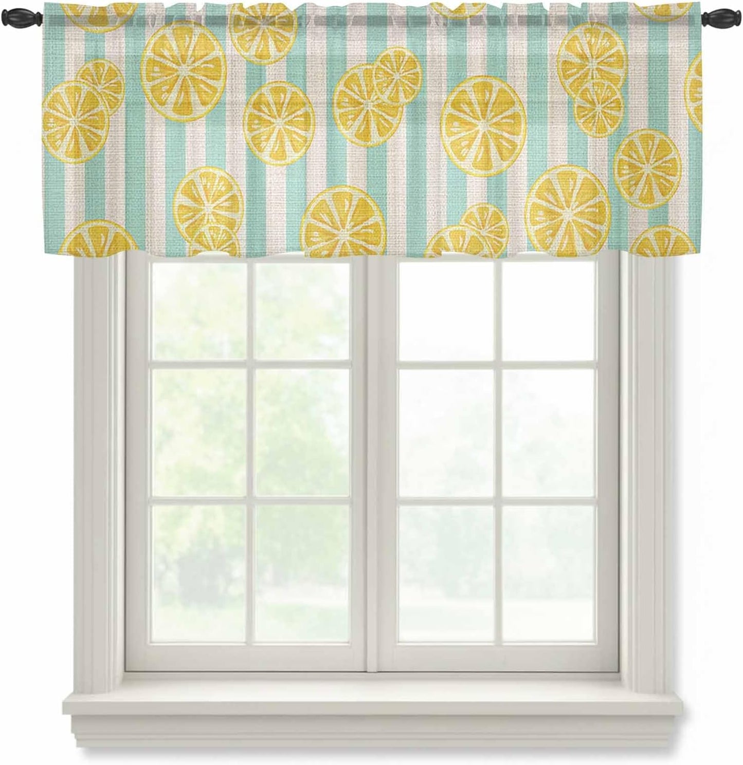 Sheer Window Valance Yellow Lemon Stripes Semi Voile Short Curtain Rod Pocket Summer Fruit White Blue Valances Window Treatment for Bedroom Living Room Kitchen 54x18in