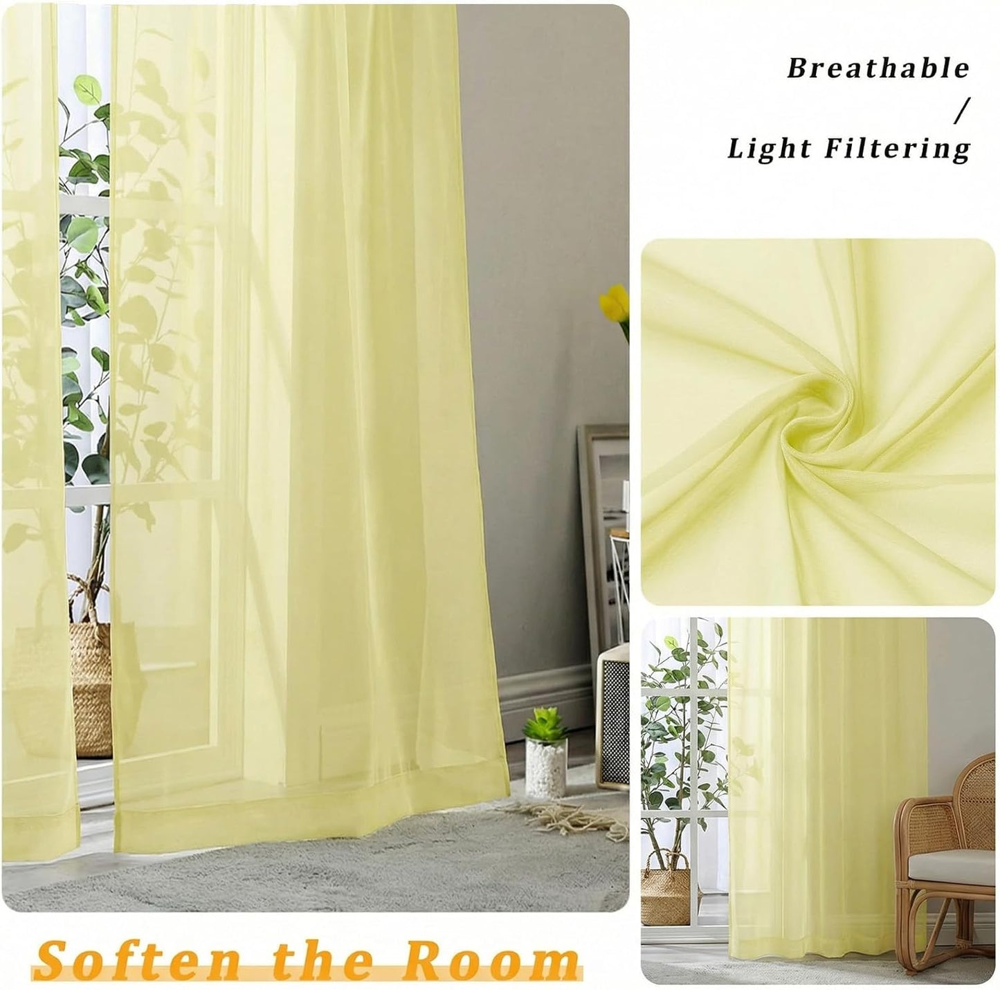 Gwine Light Yellow Sheer Curtains 84 Inches Long 2 Panels Set for Living Room, Rod Pocket Voile Bedroom Curtains, Light Filtering Solid Window Sheer Panels, Each 42Wx84L