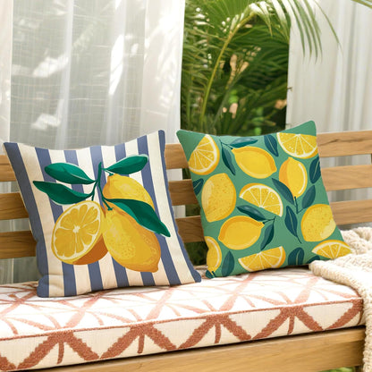 Fahrendom Lemon Decorative Throw Pillow Covers 18 x 18 Set of 4, Yellow Green Citrus Fruit Porch Patio Outdoor Pillowcase, Summer Buffalo Plaid Stripes Farmhouse Sofa Couch Cushion Case Home Decor