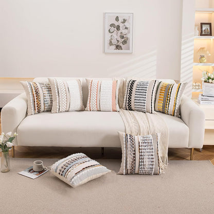 Emvency Boho Throw Pillow Covers 18x18 Inches Set of 2, Yellow and White Chenille Tufted Farmhouse Striped Chic Modern Art Square Decorative Couch Pillowcases for Home Decor Bedroom Sofa Living Room