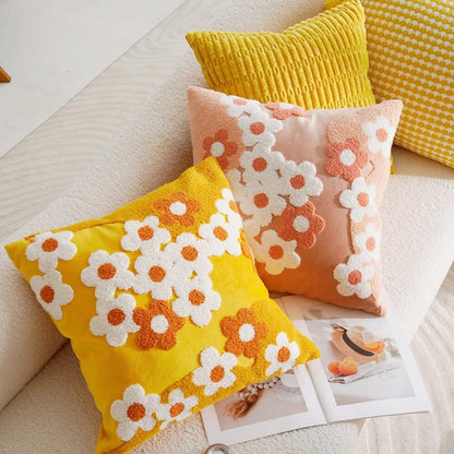 Tufted Yellow Flower Throw Pillow Cover 18x18in,Boho Floral Embroidered Pillow Cover,Summer Decorative Coushion Cover for Couch, Sofa, Bed, Living Room,Bedroom