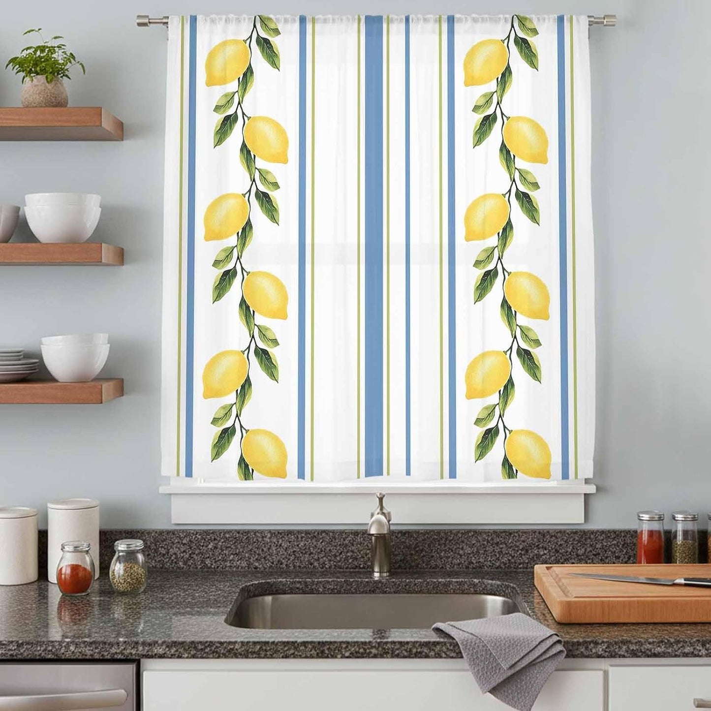 Lemon Striped Sheer Curtains 72 Inch Length Yellow Fruit Blue White Geometric Chiffon Curtain for Bedroom Living Room Light Filtering Rod Pocket Window Treatments Voile Curtains Drapes for Dining