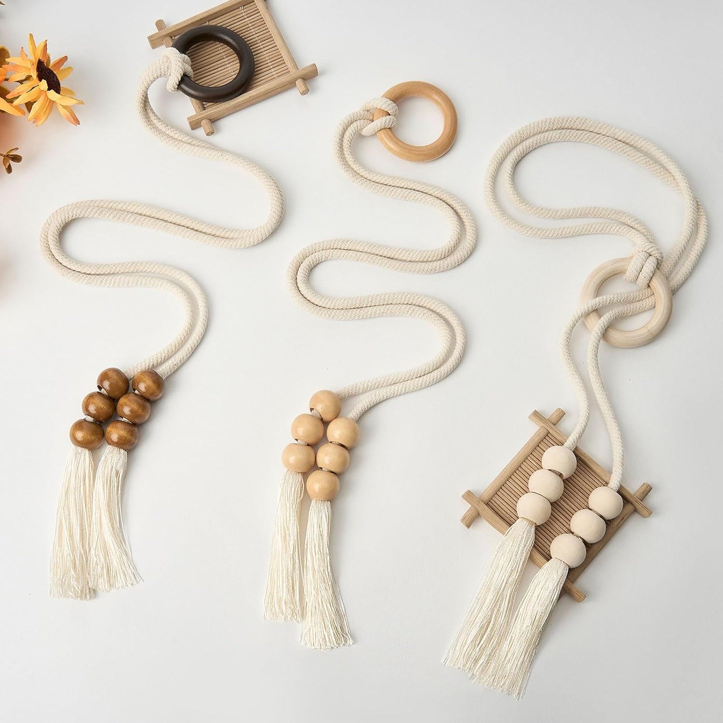 NICEEC 2 Pack Natural Cotton Rope Curtain Tiebacks Boho Style Decorative Drape Tie Backs Elegant Hand Woven Rope Curtain Holdbacks with Wooden Ring for Home & Office Window Drapery (T-Yellow)
