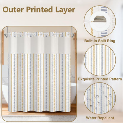 No Hook Geometric Striped Shower Curtain and Liner Set, Waterproof Double Layers Fabric Shower Curtain with Mesh Top Window, Boho Blue and Yellow Minimalist Bathroom Curtains, 71x74 Inches