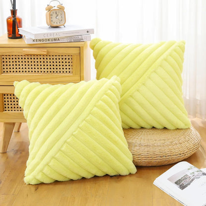 OTOSTAR Faux Fur Plush Throw Pillow Covers 16 x 16 Inch Fuzzy Soft Striped Decorative Velvet Pillow Case Couch Home Decor Pillow Covers for Sofa Bed Living Room Set of 2 (Lemon Yellow)