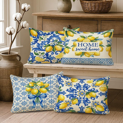 Lemon Throw Pillow Covers Set of 4, Mediterranean Traditional Floral Blue Swirls Summer Yellow Soft Velvet Washable Accents Pillows Cases for Home Bedroom Living Room Sofa Couch Decor 20x12 Inch