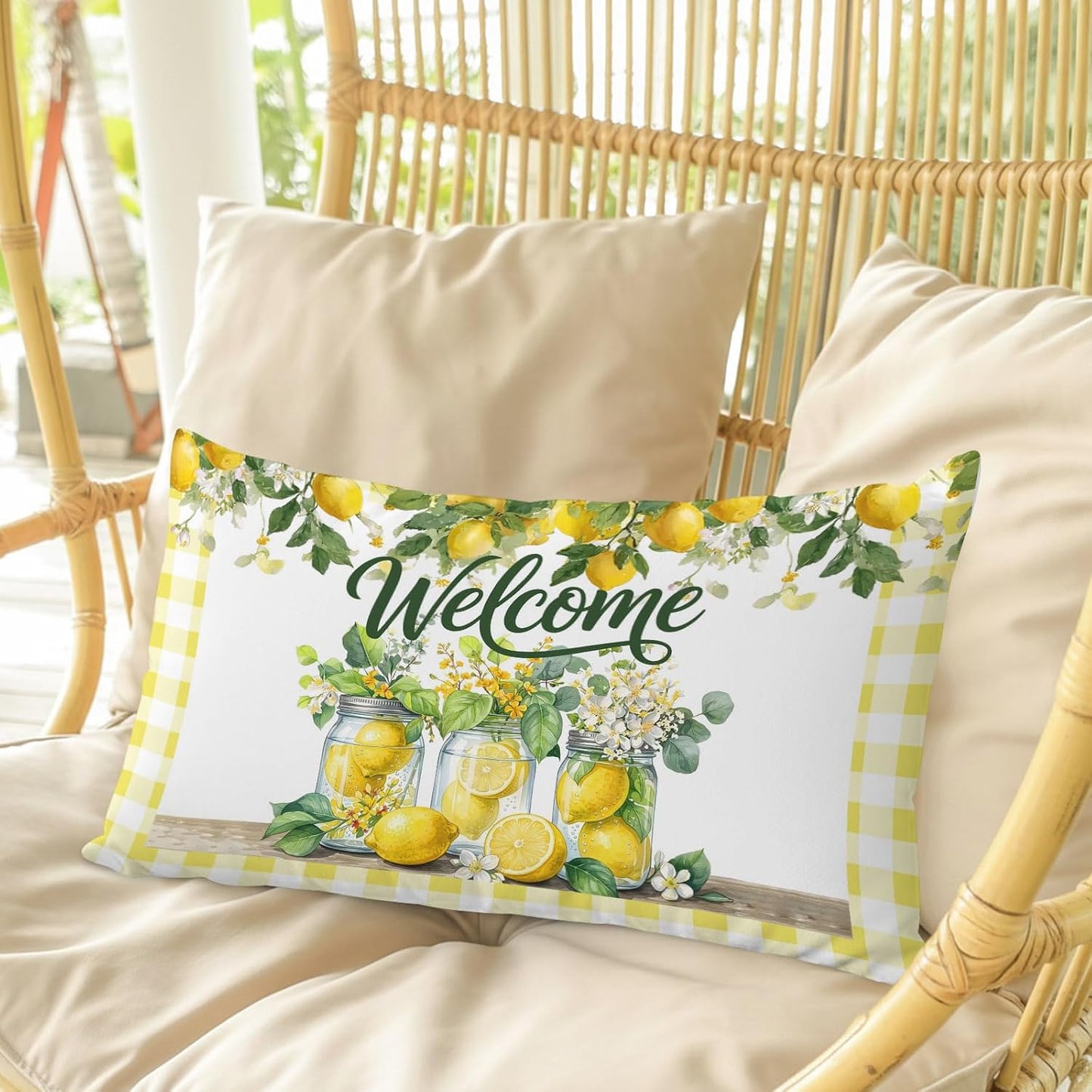 Welcome Words Farm Lemons Throw Pillow Cover,Decorative Pillowcase with Hidden Zipper Yellow Check Breathable Lumbar Pillow Cushion Case for Couch Sofa Bed Home,12"x20"