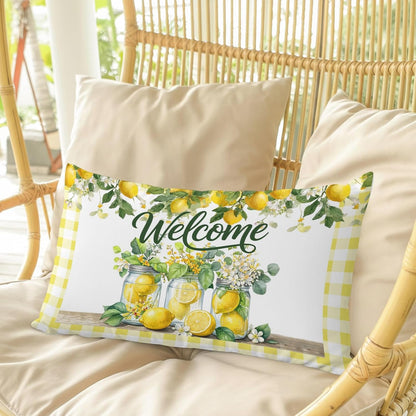 Welcome Words Farm Lemons Throw Pillow Cover,Decorative Pillowcase with Hidden Zipper Yellow Check Breathable Lumbar Pillow Cushion Case for Couch Sofa Bed Home,12"x20"