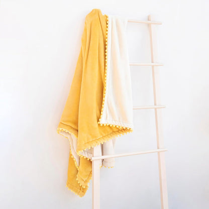 MONDAY MOOSE Cozy Fleece Throw Blanket with Pom Pom Fringe, Super Soft Blanket, Double-Sided Designs, for Couch Bed Sofa Home Decor (50x60 inch, Yellow/Beige)