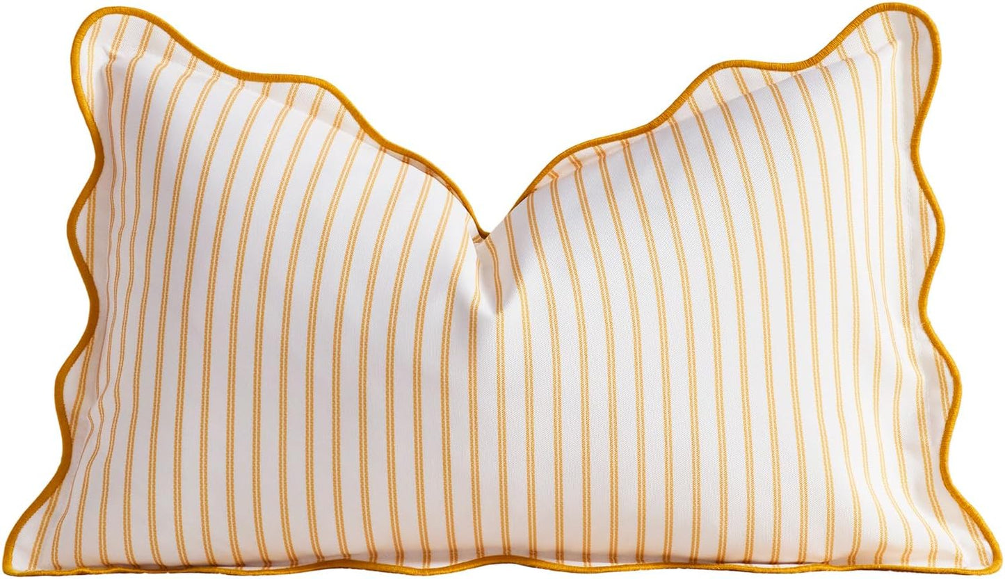 DEZENE 12x20 Yellow Outdoor Lumbar Pillow Cover, Striped Scalloped Water Resistant Throw Pillow Case Farmhouse Cushion Cover for Coastal Patio and Porch Decor