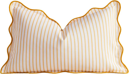 DEZENE 12x20 Yellow Outdoor Lumbar Pillow Cover, Striped Scalloped Water Resistant Throw Pillow Case Farmhouse Cushion Cover for Coastal Patio and Porch Decor