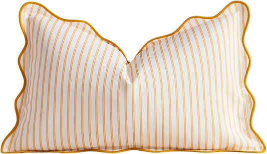 DEZENE 12x20 Yellow Outdoor Lumbar Pillow Cover, Striped Scalloped Water Resistant Throw Pillow Case Farmhouse Cushion Cover for Coastal Patio and Porch Decor