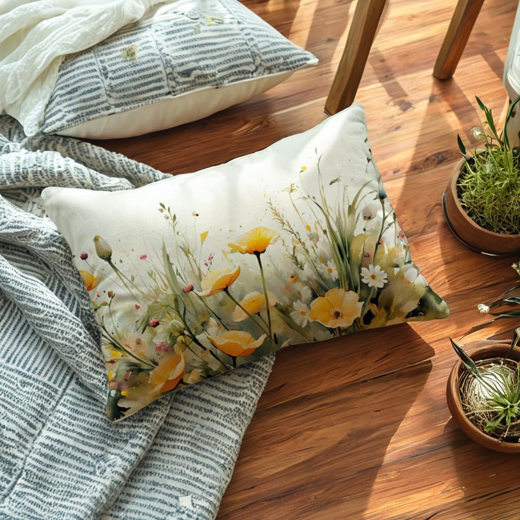 Floral Decorative Throw Pillow Cover 20 x 12 inches Blooming Flowers Lumber Pillow Cases for Porch Patio Rustic Farmhouse Spring Summer Decor Cushion Covers (Yellow)